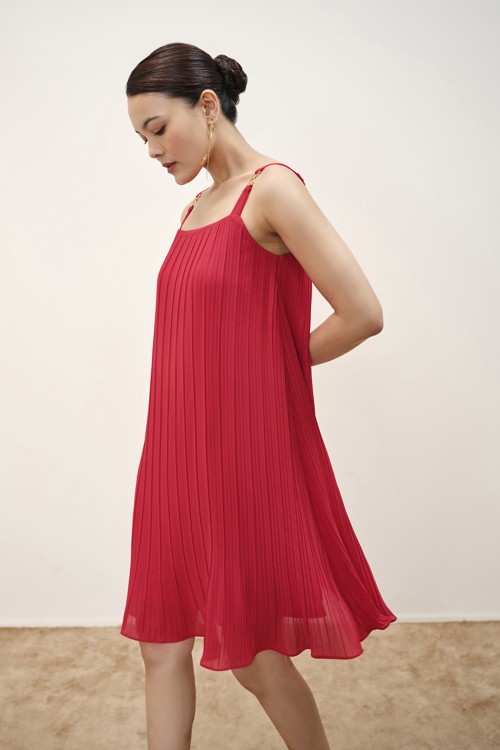 Poppy Red Pleated Dress, Red, image 4